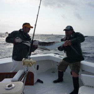 My son Nate and the mate getting ready to toss back in a 60 to 70 pound White Marlin off Hatteras May 2010. I caught one about ten minutes later and released it.
