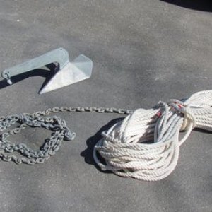 14 Pound Lewmar like anchor with 15' of 1/4" chain and 175' 3 strand nylon rode.