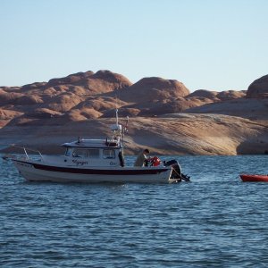 Fri 4/19 Jody on Voyager topping off fuel tanks after his run down from Bullfrog to Oak Canyon Bay where we anchored and spent the night.