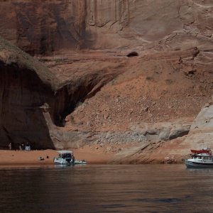 Mon 4/22 This is Voyager and a pontoon boat on the sandbar at the end of Fiftymile Canyon