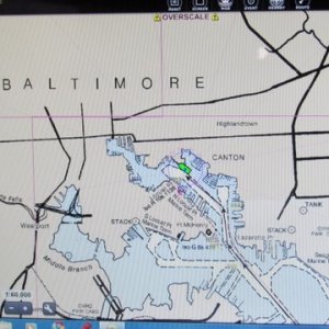 Docked at Henderson's Wharf marina Baltimore's Inner harbor up a little to the left in the picture.The picture is of our laptop with a 15'5" screen running standard Coastal Explorer charts and software with a portable GPS puck pulled into a USB port velcroed on the dash near the front window