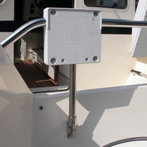 Media 'Mounting pad secured in place.' in album 'Outboard storage bracket for inflatable.  Mounted on factory SS transom rail.  Idea borrowed from Peter on C-Dancer.'