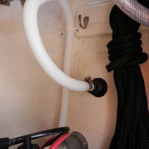 Media 'New thru hull.  Tried to match the look of the main on the other side.' in album 'Backup bilge pump mounted a couple of inches above main pump.  Aluminum angle used for mounting shelf.'