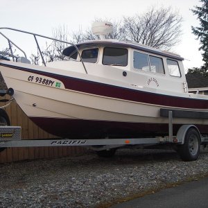 Port Forequarter view shows lines and perspective.  C-Dory 22 Cruiser.