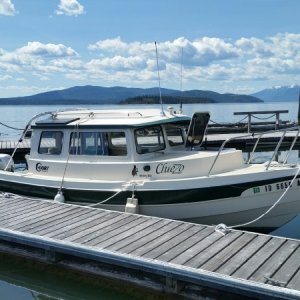 Media 'ClueZo at her new moorage, Lake Pend Orille, Hope Idaho' in album 'Added solar panels, 30 watt, each side'