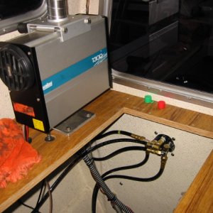 Hydraulics for cockpit helm station.  Note Wallas 1300 forced air heater