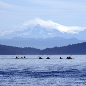 Media '4180 Sea Kayaks and Mt Baker' in album '4539 C-Dory James Island float sunset'
