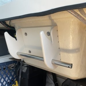 Media 'centrally accessible in a previously unused space' in album 'THE PROBLEM: It\'s large milk crate was taking up almost all the starboard aft storage area.  I bought a vertical mount that didn\'t fit, so I made this one.'