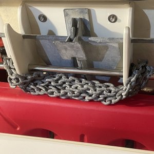 Media '.the anchor drops in and holds securely... it pops right out when needed in a hurry...' in album 'THE PROBLEM: It\'s large milk crate was taking up almost all the starboard aft storage area.  I bought a vertical mount that didn\'t fit, so I made this one.'