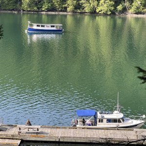 C-Traveler on the Reid Harbor dock with Electric Philosophy in the background