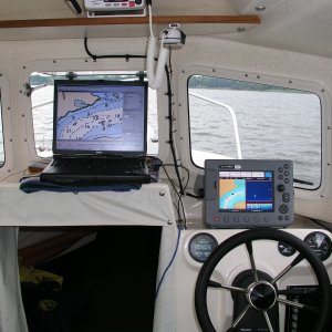 Media 'Helm - C80 with survey laptop in center.' in album 'At anchor, Chester River.'