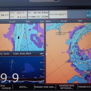 E-120 and auto pilot installed by a certified  Raymarine installer.            You can arrange the screen anyway you wish and overlay the Radar like shown here.