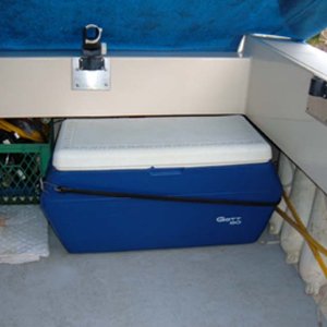 80qt.Ice Chest/Extra Seat/Boarding Step/Fish box/Catch-All. Fuel Tanks Behind