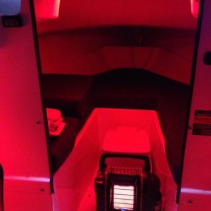 Looking into the V berth at night. Those are my new multi-colored LEDS and my Mr. Buddy heater
