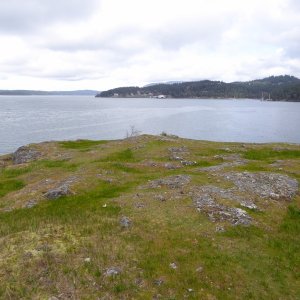 The summit of Blind mountain, looking over at the Orcas Island ferry landing