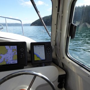 A still flat calm Harney Channel.  Cruising at 6 knots for the second leg of the trip.