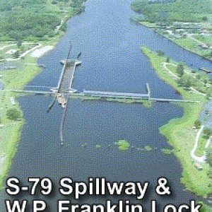 Media 'Franklin lock looking west' in album 'W.P Franklin Lock: Lock chamber:56'x400'- Vertical lift:Sea level to Caloosahatchee River, 2' to 3'- Discharge capacity 28,900 cfs(cubic feet per second)Operates daily 6:00A to 9:30P-Marine VHF radio Channel 13-Located at Okeechobee Waterway 
statute mile 121.4  NOTE: The Okeechobee Waterway ends/starts at Day Beacon #101, in San Carlos Bay.'