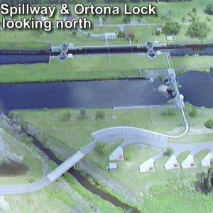 Media 'Ortona Lock looking South2' in album 'W.P Franklin Lock: Lock chamber:56'x400'- Vertical lift:Sea level to Caloosahatchee River, 2' to 3'- Discharge capacity 28,900 cfs(cubic feet per second)Operates daily 6:00A to 9:30P-Marine VHF radio Channel 13-Located at Okeechobee Waterway 
statute mile 121.4  NOTE: The Okeechobee Waterway ends/starts at Day Beacon #101, in San Carlos Bay.'