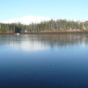 Goose Bay frozen in the morning.  Ty One On (22 Angler) in the distance.