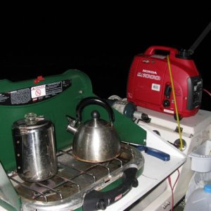 Coleman stove ready for morning and Honda power for cabin heater