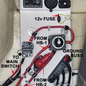 I wanted to add the 200ah house battery salvaged from the 25.
The 2nd switch allows the new battery to be used as a second house battery for instruments and lighting when switched to ?2? or independently connected to inverter when switched to ?1? the regular house battery does instruments and lights while the big battery only does inverter 110 AC.
The main switch only sees a house battery when not off.