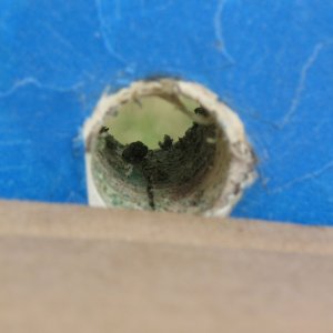 Drain hole after tube removed. Dry (balsa) core, thankfully, although there was only the bare minimum of sealant and no isolation of the core.