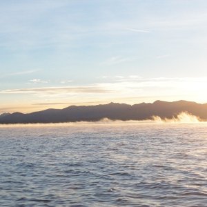 "Sea smoke" along the shore.