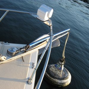 Temporary Bow Sprit For Mooring Buoys.JPG

Keeps buoy from banging into hull in the middle of the night.