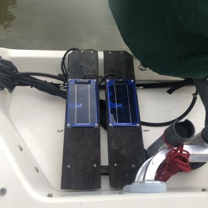 Solar Panels, Solar Pulse SP-2 charge batteries and prevent sulfating. These were on my C-Dory 22 and I never charged batteries, aside from when we were aboard using lots of electrical devices, without the outboard running. These panels are mounted on top of the generator mount and the feet of the Honda generator mounts either side of the panels. The only time that the panels are covered, the generator would be in operation and the panels would serve no purpose.