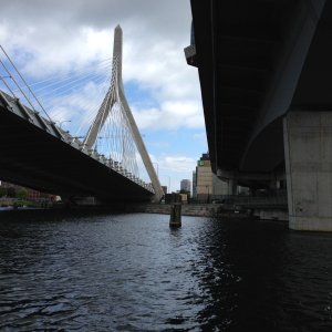 Media 'Navigating from the Charles River under I 93 (Zakim Bridge) heading to the Boston Harbor locks.' in album 'Beach combing on Rainsford Island in the Boston Harbor.'