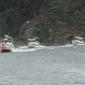 ENDURANCE, C-CHANGE and ROCK-C (l-r) speed   through Dodd Narrows