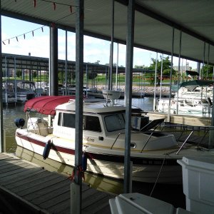 Docked at Alton Marina just north of St Louis during the Mississippi River gathering.  Having our air conditioner in the center window was heavenly!