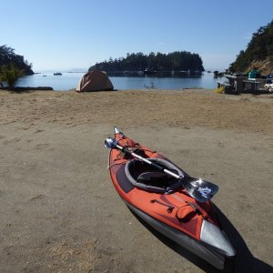 Portaged my kayak across the isthmus from Fox Cove to Fossil Bay. Looking back at Fox Cove here.