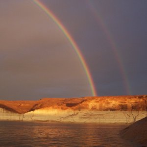 Double rainbow from one side of the lake to the other. Achored east side of main channel just before Forfotten Canyon. Rainbow coming down on west side of lake 8-30-13.