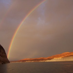 Media 'Double rainbow from one side of the lake to the other. Achored east side of main channel just before Forfotten Canyon. Rainbow coming down on east side of lake 8-30-13.' in album 'Just launched at Halls Crossing Friday 8-30-13.'