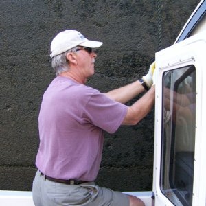 Rubberized garden gloves worked great on the slimmy lock lines.