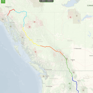 This years route from Cokeville, Wy to Skagway, AK. Each color represents a traveling day
