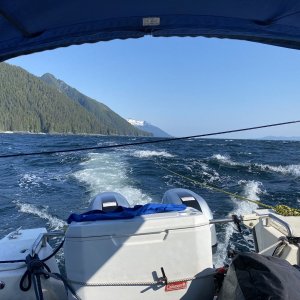Towing Kaboat with out motor after flipping it with motor on Chatham Strait in in 25 knots & 4 foot following seas