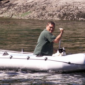 Pat and Baxter in Dinghy at Matia Cove 8-11-06