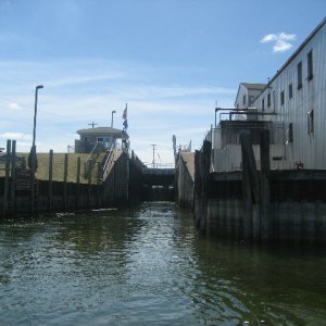 Leaving lock and entering Cheboygan River on the way out to Lake Huron.