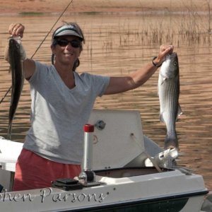 Donna with a couple of nice striped bass.
