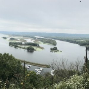 View of a bit of the Lansing Marina, and of the Mississippi River from Mt. Hosmer Veterans Memorial Park view point.