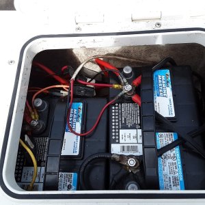 batteries not secured in the starboard lazarette . a real rats nest.  there is a circuit breaker that powers all electronics in the cabin down there out of sight. the batteries would slide around and trip it whenever we went over a wake or wave. not a high quality installation...