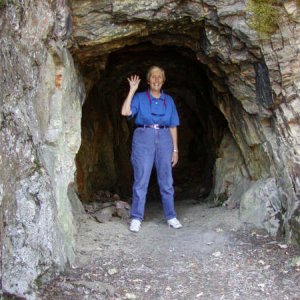 Lois in the opening of an abandoned mine at Refrigerator Harbor