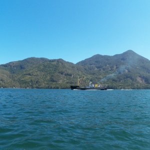 The 136' wooden Uchuck III (sometimes called the Upchuck, depending on sea conditions) heading to Gold River.  It's a cruising ferry and you can spend several days on board.
