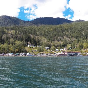 The sky really was this color.  This is the Tahsis marina.  Fuel, store, restaurant, etc.
