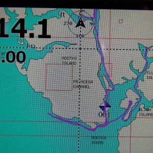 This is my travels so far.  I'm anchored under the arrow (in 14 feet of water).