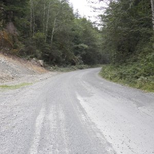 At the edge of town, it's 45km of gravel logging road out to pavement.  Speed limit is 60km.  80km for log trucks.