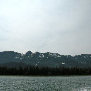 Still lots of snow on mountains facing westward in July