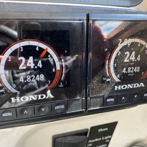 Media 'Full fuel tanks, but fairly light otherwise, sure beats the old Honda 40 numbers' in album '1st run of season with new chart plotter, raymarine ev 150 auto pilot, Radar & Honda nema 2000 data gauges.  Extremely pleased with the auto pilot.'
